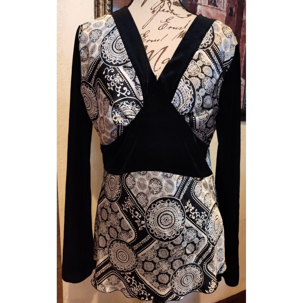 Rag Vintage Boho Goth Satin and Black Velvet Blouse with Bell Sleeves Size S/M